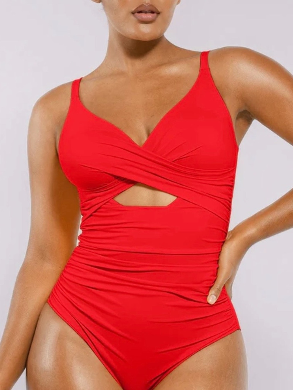 🆕 Smart Sculpt™ Ribbed Cutout-Front Shaping Swimsuit- Red